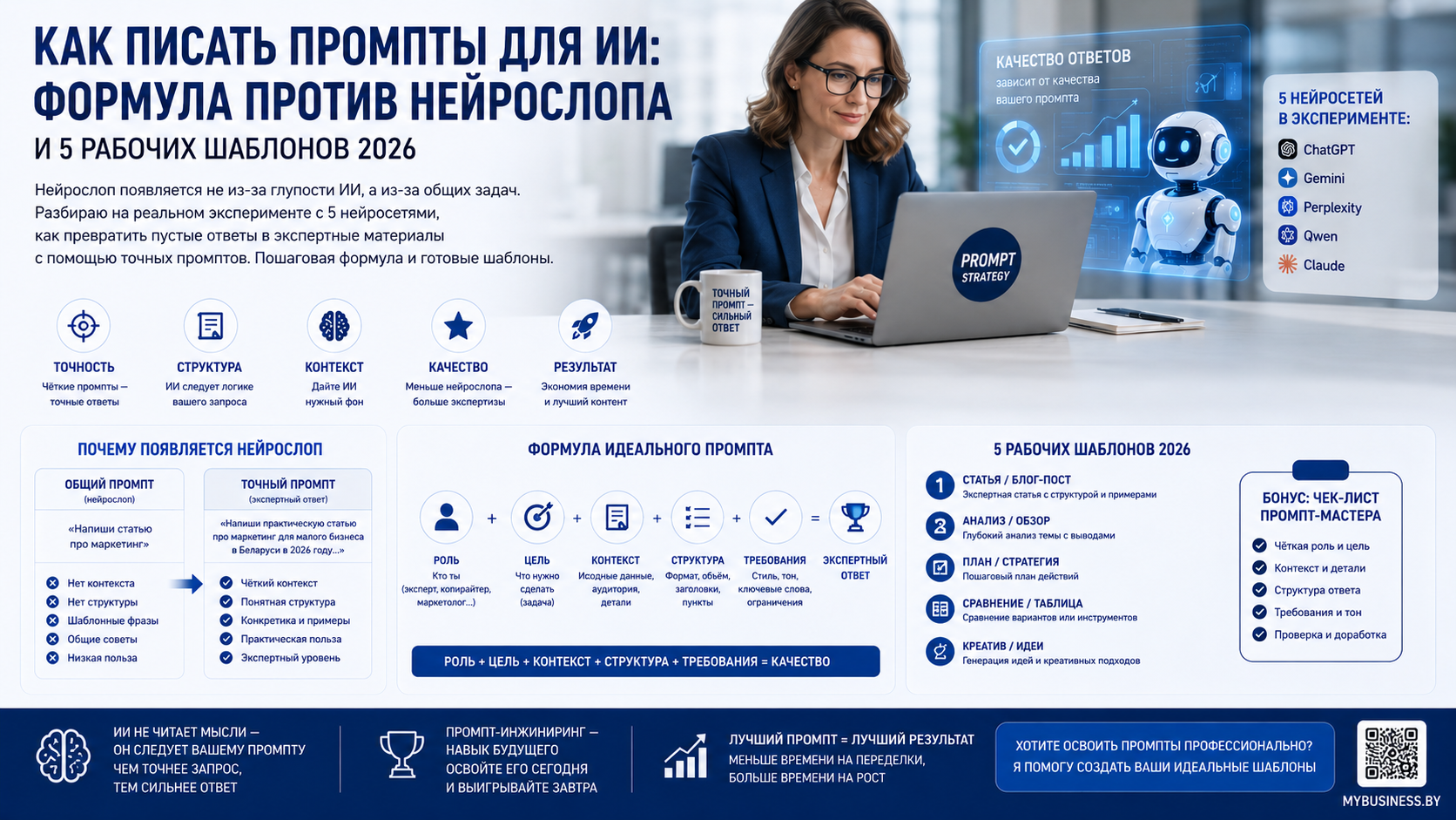 Инфографика Как писать промпты для ИИ: формула против нейрослопа и 5 рабочих шаблонов 2026. Показана женщина за ноутбуком с формулой идеального промпта сравнение общего и точного запроса 5 шаблонов и чек-лист промпт-мастера.