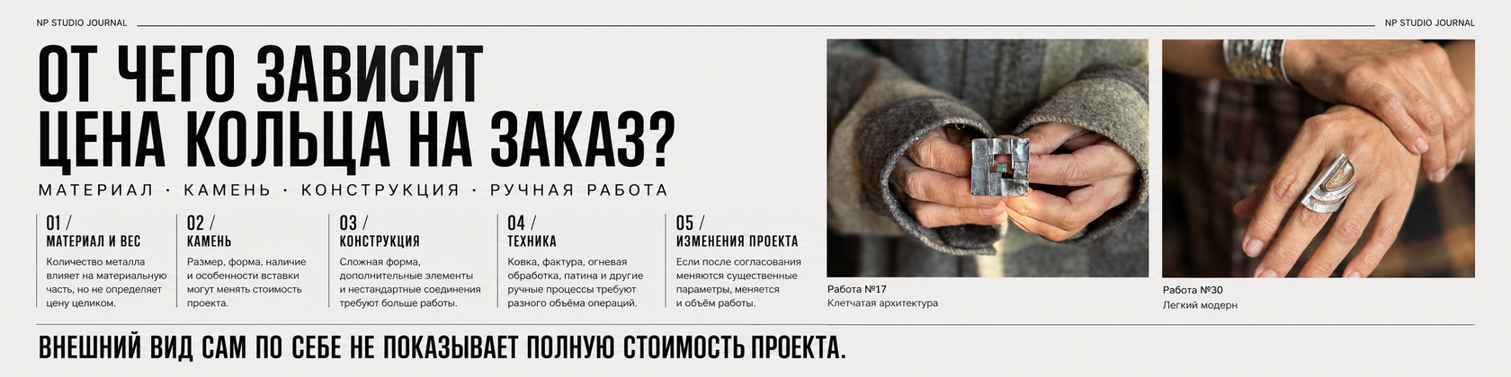 Инфографика NP Studio Journal о факторах стоимости кольца на заказ: материал и вес, камень, конструкция, техника и изменения проекта.