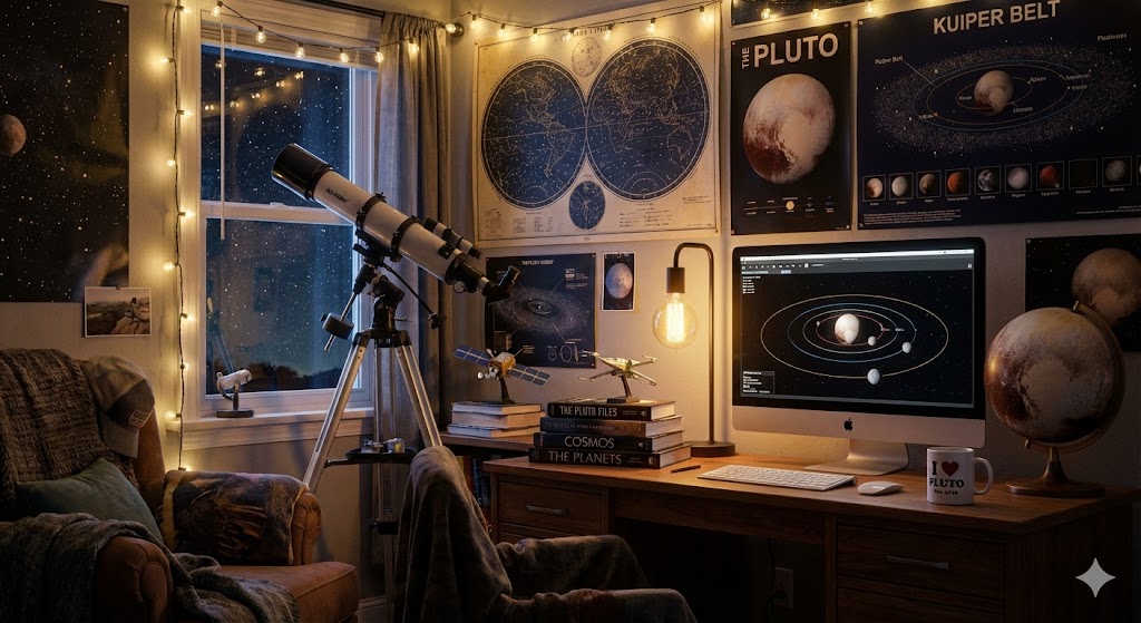 Комната астронома-любителя с телескопом и картами звездного неба