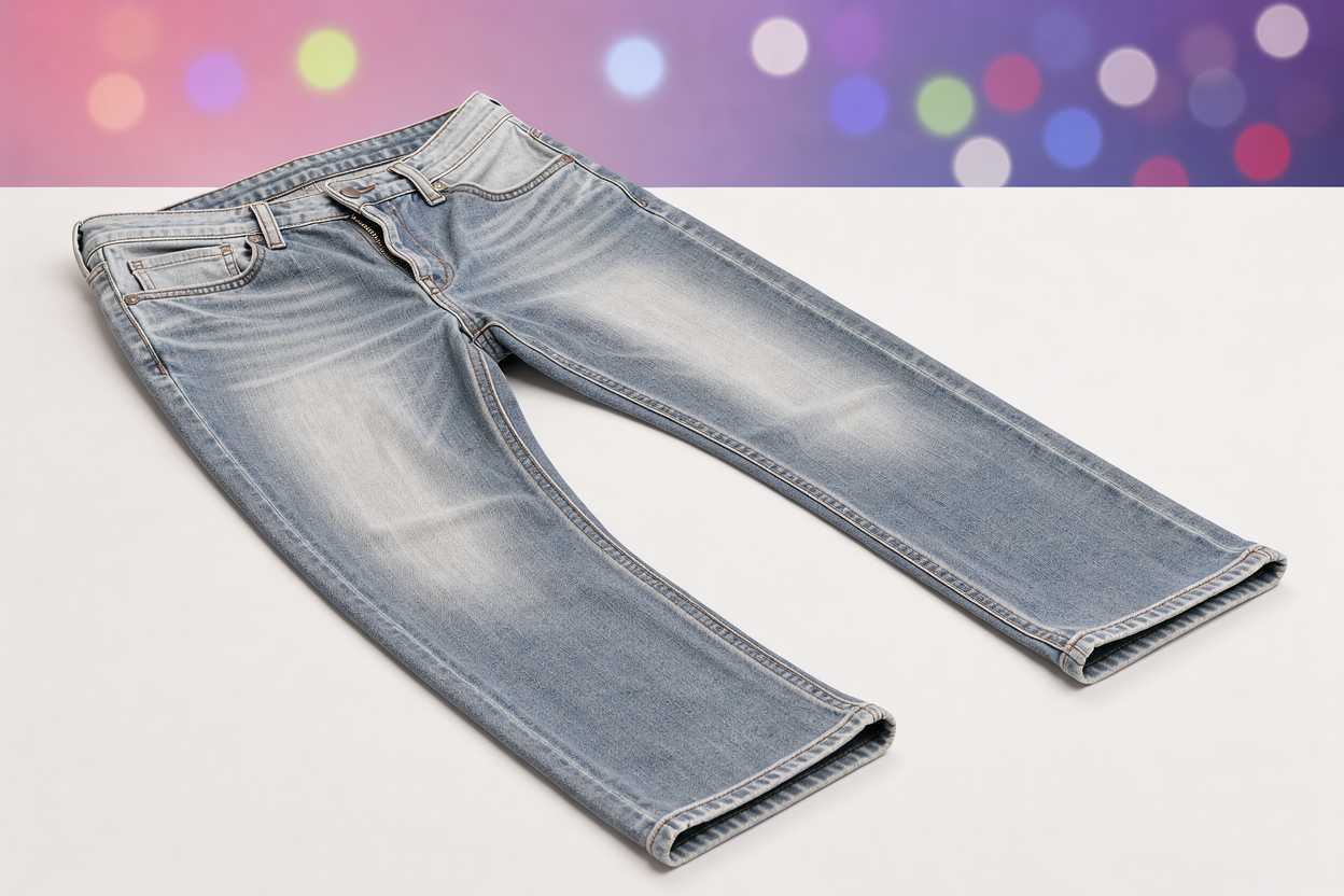 Inside-out denim jeans with zipper closed and buttons fastened, placed on a flat surface ready for washing; visible fabric texture, no brands or labels