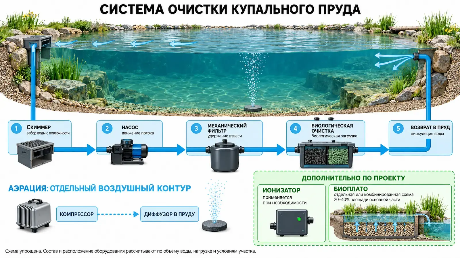 Схема очистки купального пруда со скиммером, насосом, механическим и биологическим фильтрами, аэрацией, дополнительными ионизатором и биоплато
