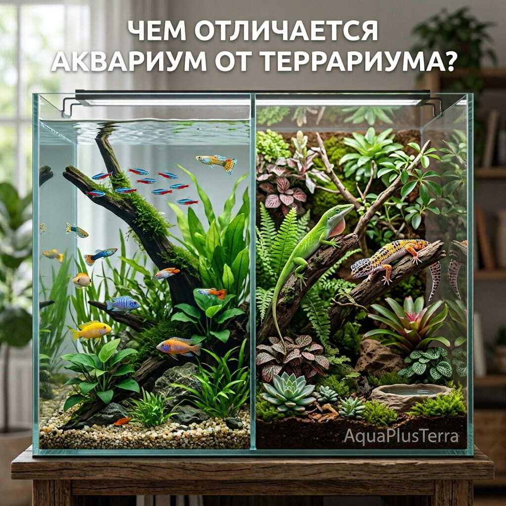 Сравнение аквариума и террариума в одном прозрачном резервуаре: слева вода с рыбами и водорослями справа суша с рептилиями и растениями. Заголовок Чем отличается аквариум от террариума логотип AquaPlusTerra.