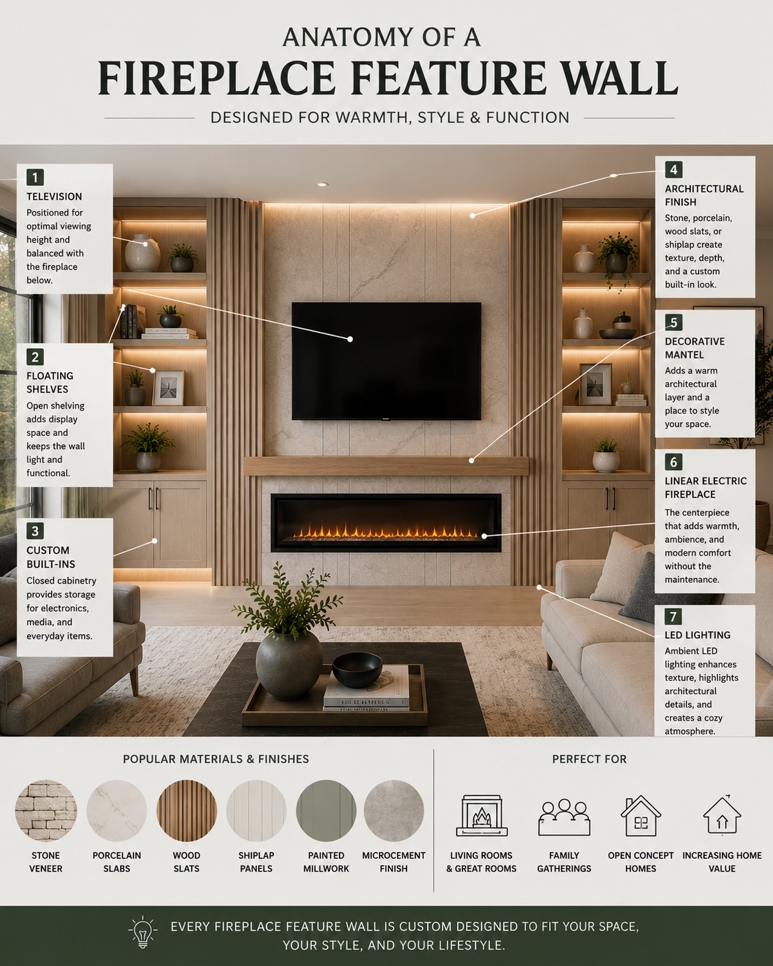 Architectural diagram explaining the design of a custom fireplace feature wall with a linear electric fireplace, television, floating shelves, built-in cabinetry, mantel, LED lighting, and premium wall finishes.
