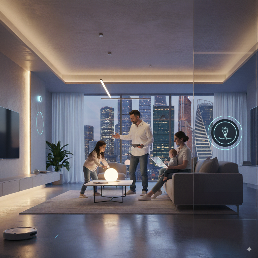 Семья в умном доме с автоматическим освещением