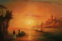 картина море челнок и клипер в закате