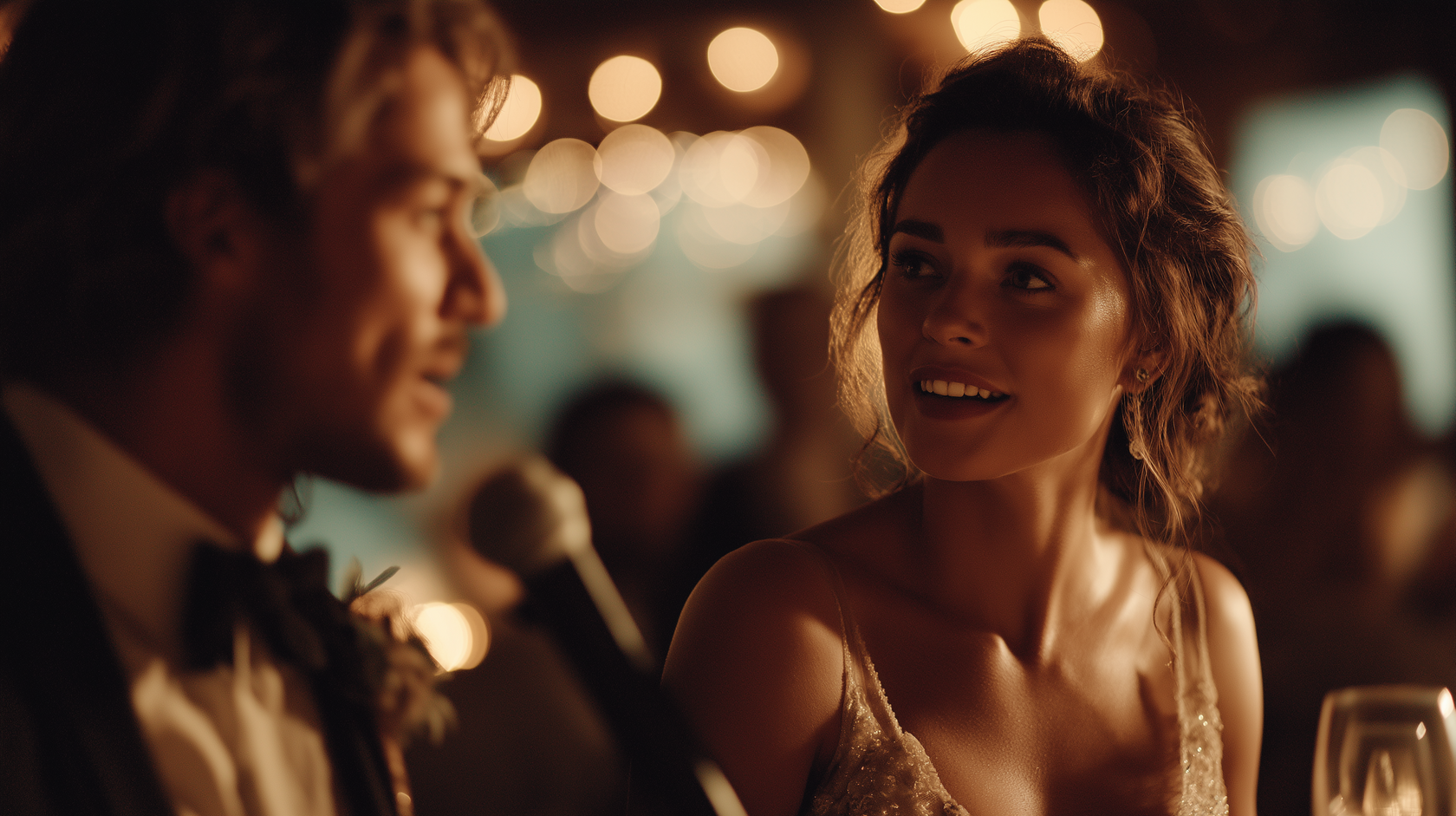 Жених поёт песню как сюрприз для невесты, которая смотрит на него со слезами счастья на глазах.