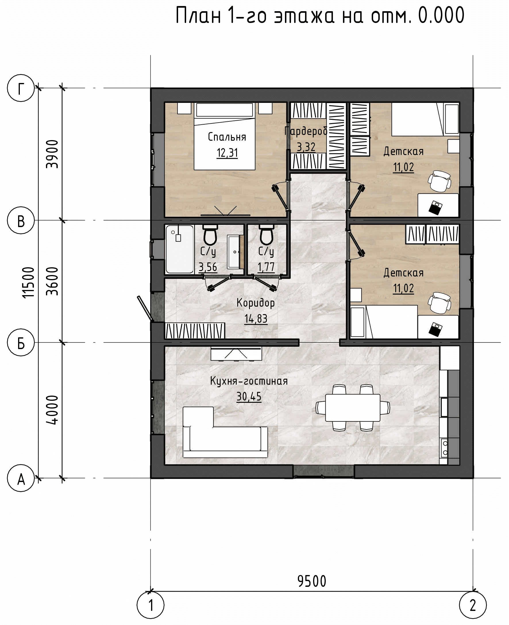Планировка одноэтажного дома с тремя спальнями, гардеробной, двумя санузлами и кухней-гостиной