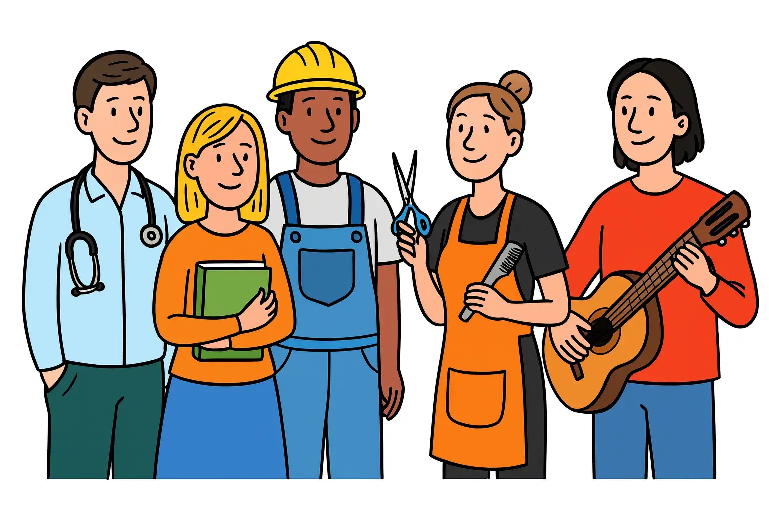 Иллюстрация в мультяшном стиле: стоят рядом пять человек разных профессий — врач с фонендоскопом, учитель с книгой, инженер со схемами, парикмахер с инструментами и музыкант с гитарой
