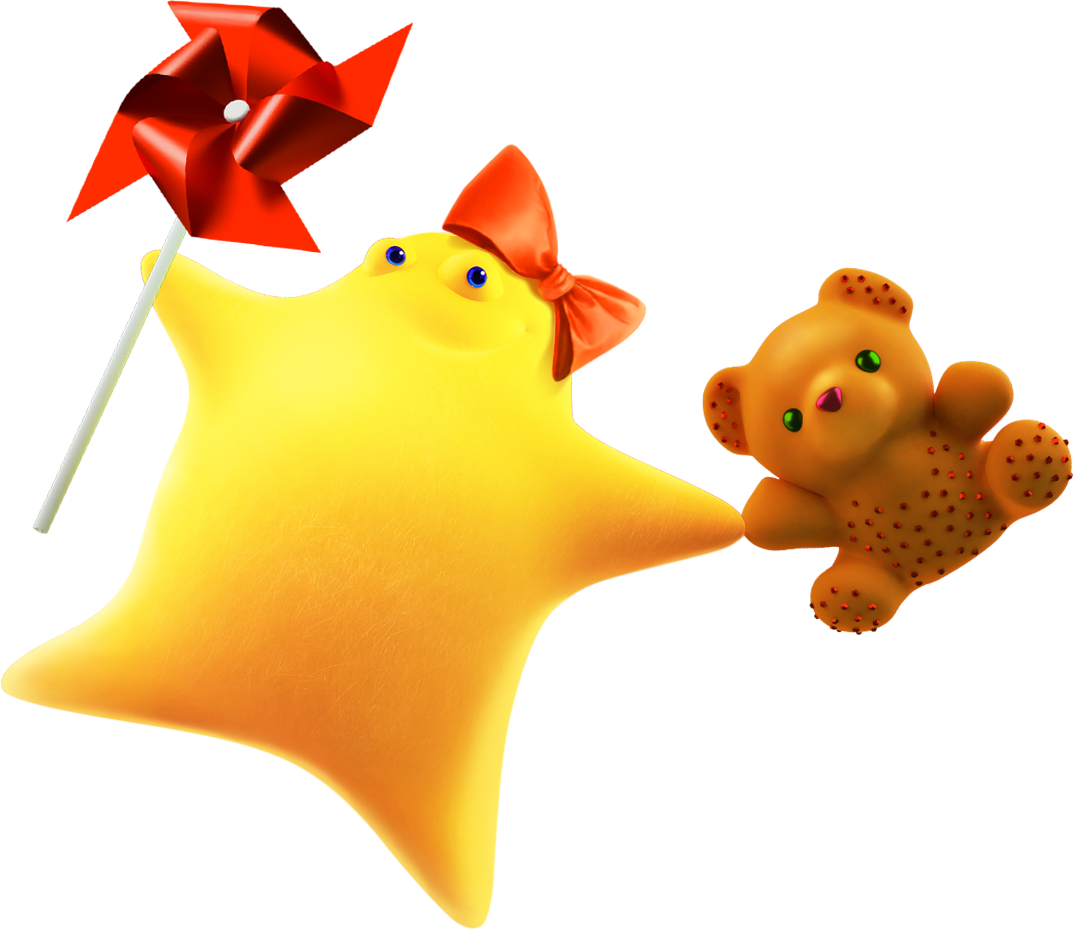 персонаж Флуфи с мишуткой и вертушкой