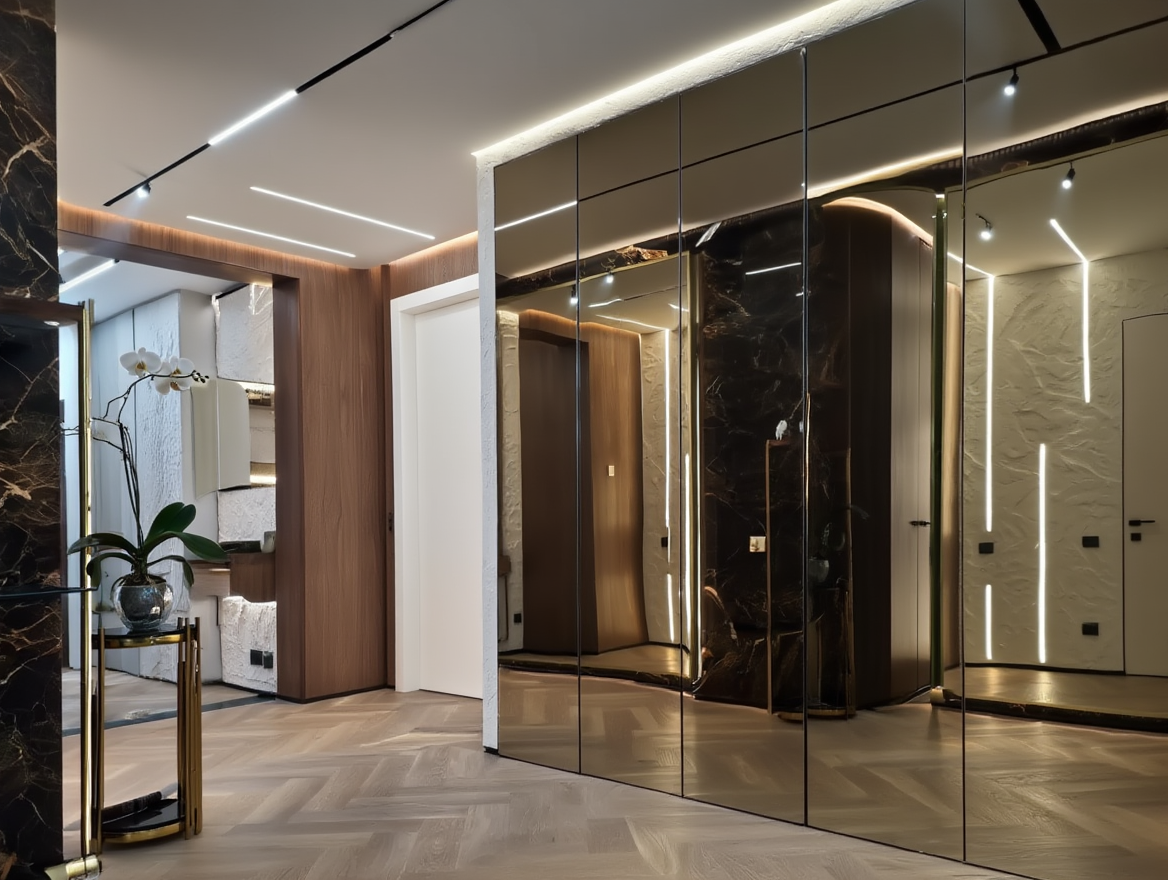 Дизайнерский ремонт квартиры премиум-класса — прихожая с зеркальными панелями, встроенными шкафами, паркетом елочкой, подсветкой и черным мрамором, пример работы за 70 000 рублей за квадратный метр
