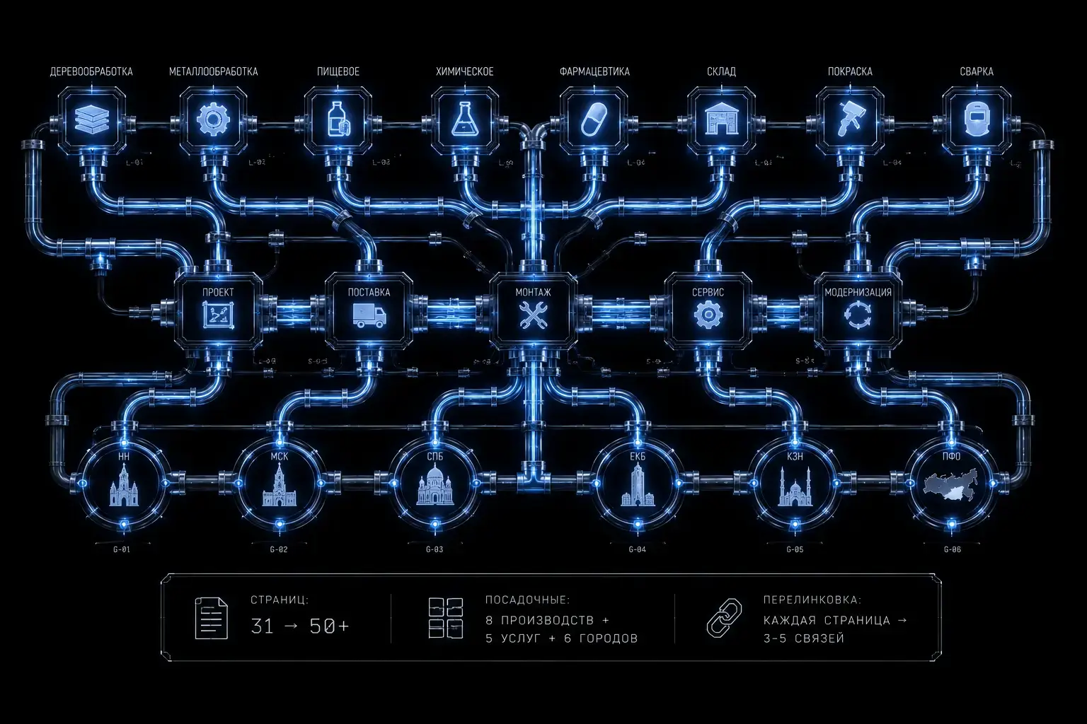Структура как воздуховод AIRO 3D-рендер сложной системы светящихся воздуховодов в черной пустоте каждый воздуховод страница сайта поток холодного синего света от входа запрос до выхода заявка структура симметрична как инженерный проект