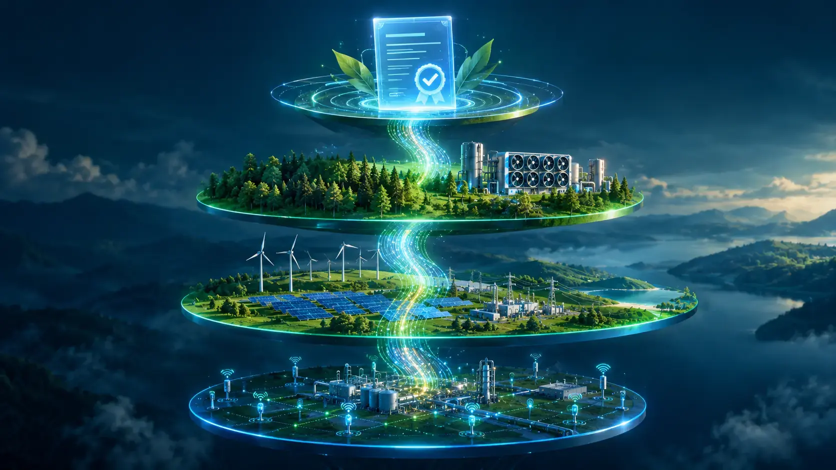 Abstract illustration of four glowing terraced layers representing carbon management stack: sensor networks at bottom, renewable energy infrastructure second, forest and direct air capture third, verification documents at top, unified by ascending data flow in calm analytical style with deep blues and emerald greens