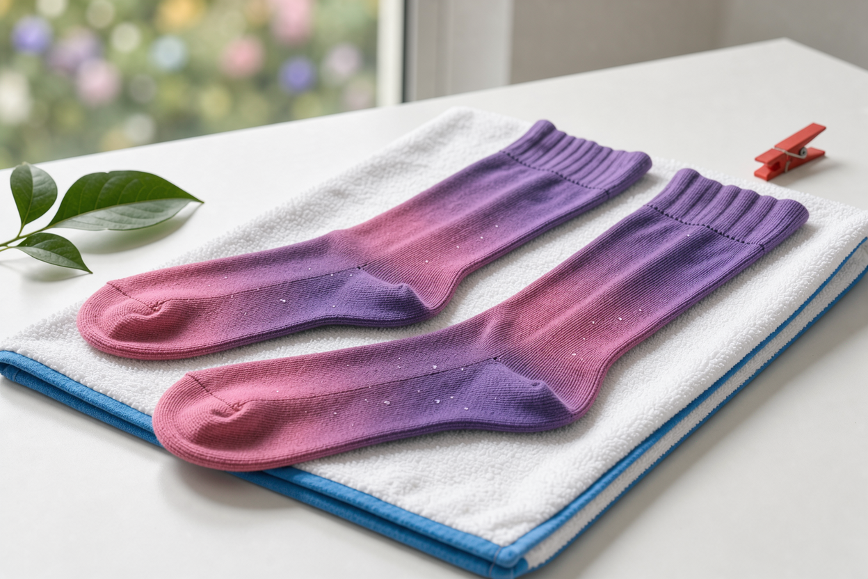 pair of compression stockings laid flat on a towel to air dry in shade, gentle natural light, focus on knit texture