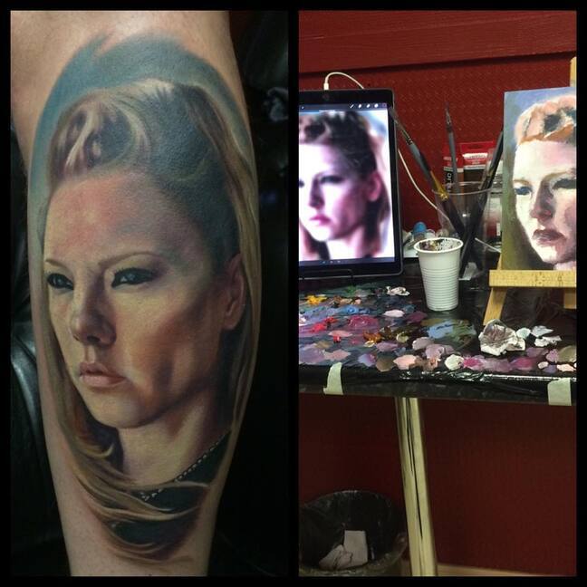 Professional realism portrait tattoo on skin next to the original canvas painting and reference photo on a tablet in an art studio, Los Angeles