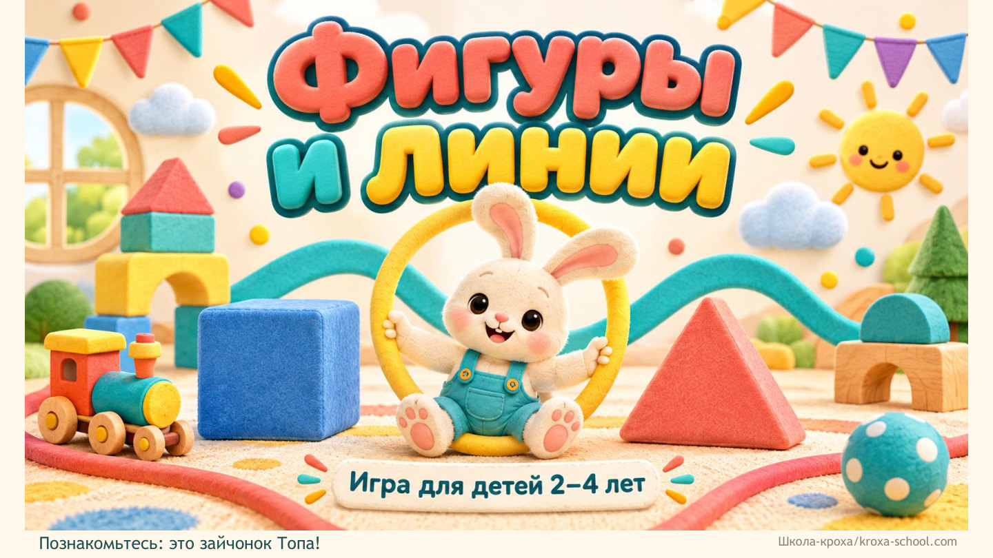 Зайчонок Топа с игрушками: обложка игры «Фигуры и линии» для детей 2–4 лет