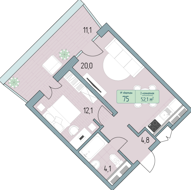 Планировка 2-комнатная 52,1 м²