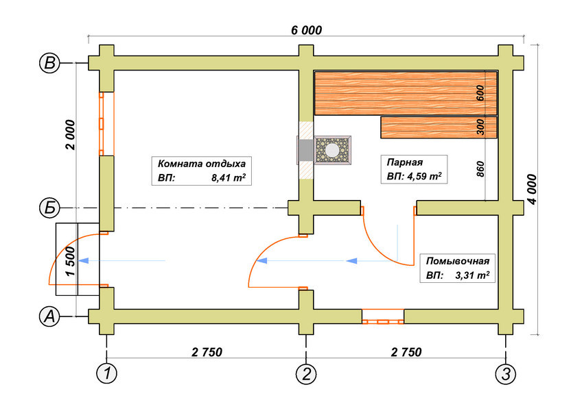 Проект бани 6х4 из бруса 100х150