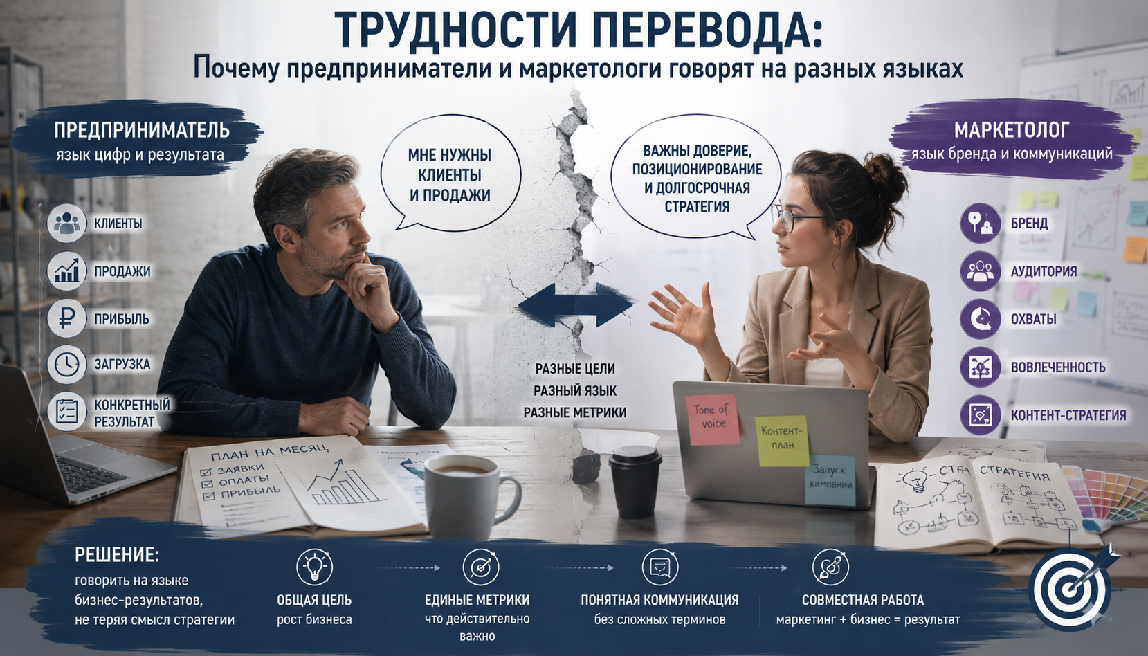 Предприниматель и маркетолог обсуждают развитие бизнеса: различия между языком продаж, прибыли и заявок и языком бренда, контента, охватов и маркетинговой стратегии.