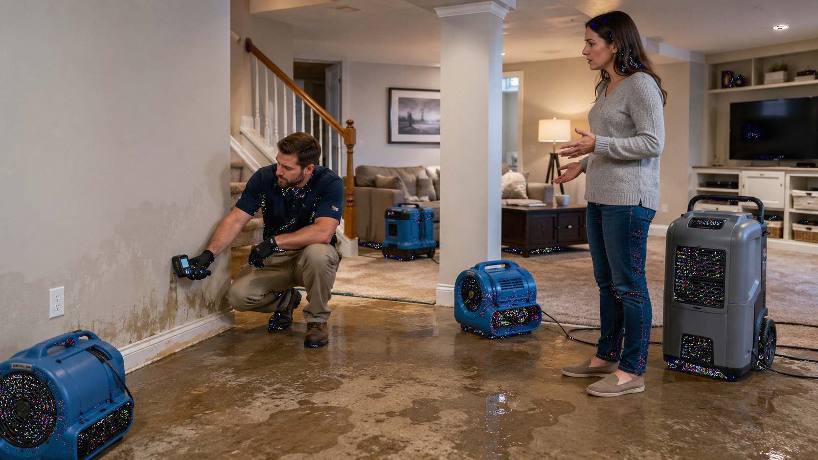 Water damage restoration Fairfax VA scene showing a technician checking wet basement drywall with a moisture meter standing water on the floor air movers dehumidifier and homeowner discussing basement flooding cleanup