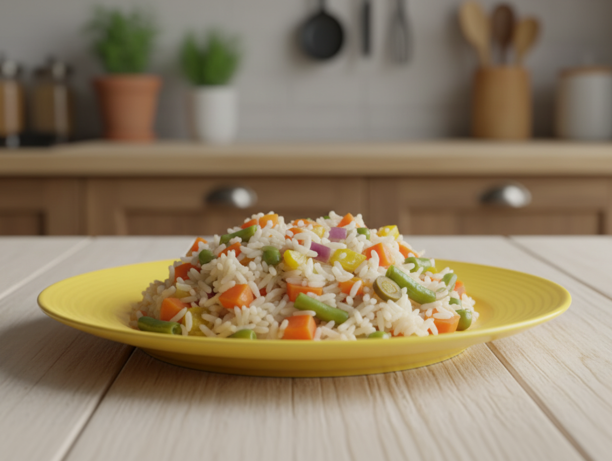Готовый рассыпчатый рис с кусочками моркови, лука и сладкого перца.