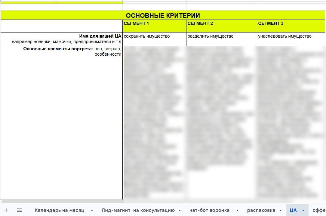 Рабочая таблица сегментов целевой аудитории проекта Елены Зиновьевой