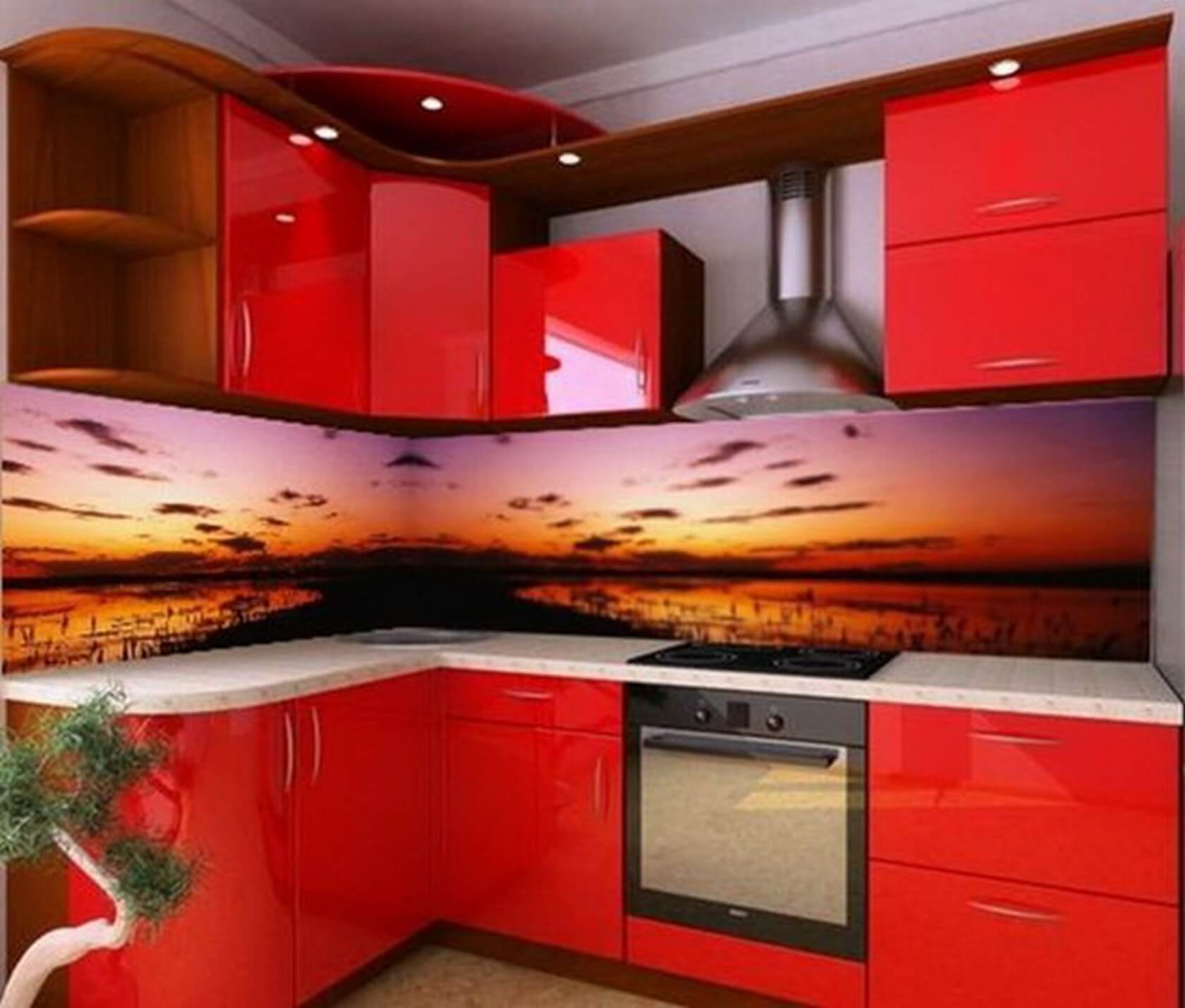 Стеклянный фартук на красной кухне