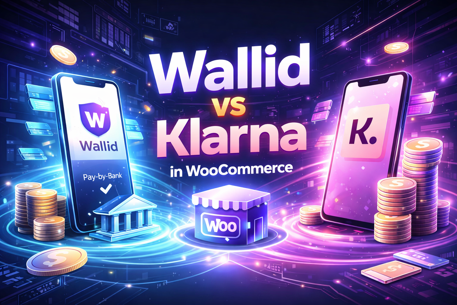 Futuristic digital scene showing Wallid pay-by-bank and Klarna BNPL gateways side by side in a WooCommerce checkout comparison