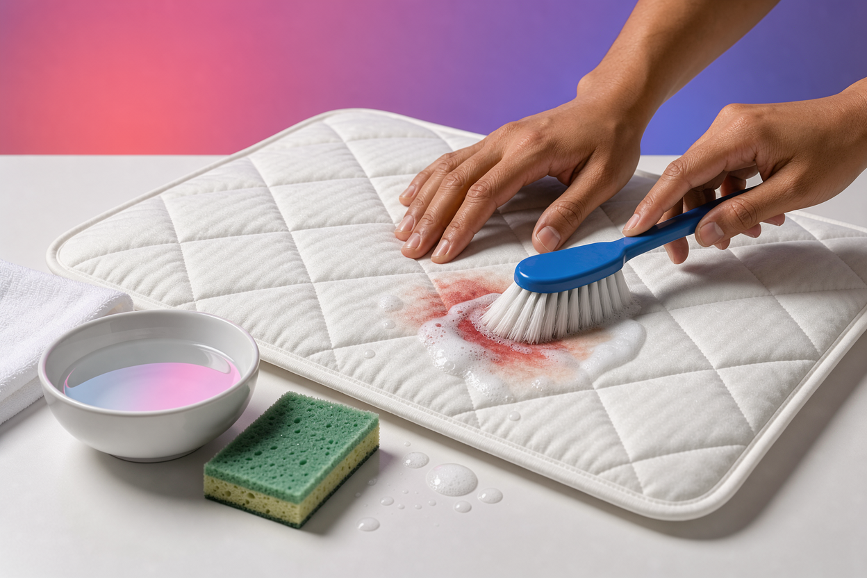 Close-up of hands treating a stain on a mattress protector with a soft brush and soap, small bowl with warm water and sponge at side