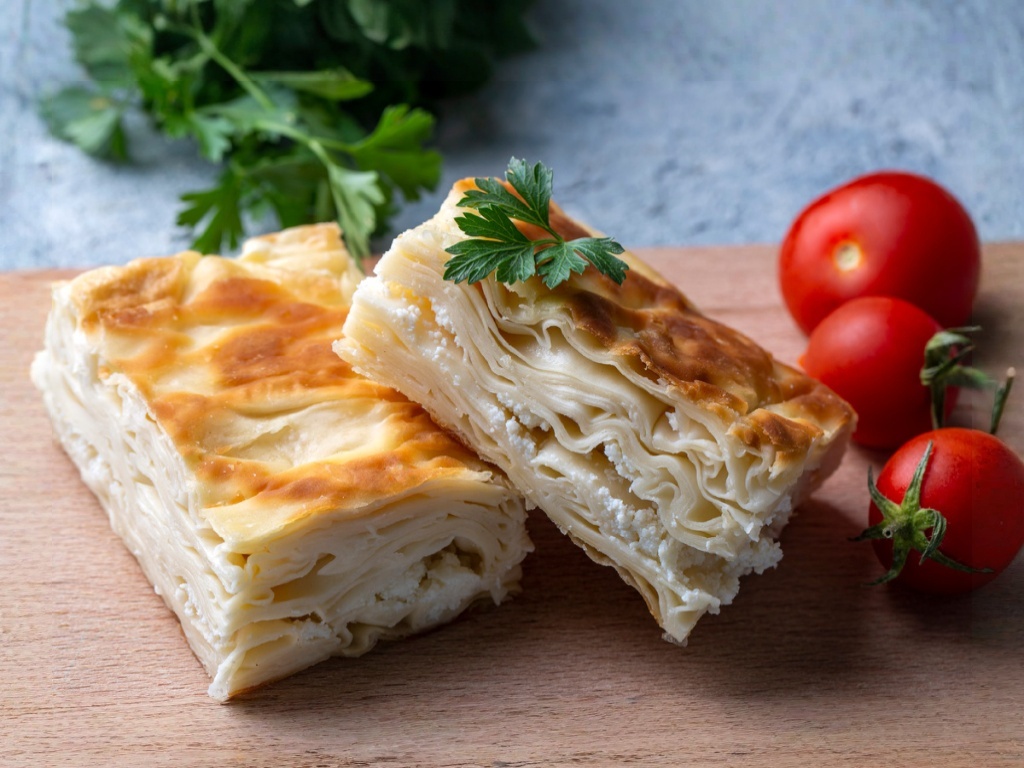 Ачма — слоёный сырный пирог на доске с зеленью