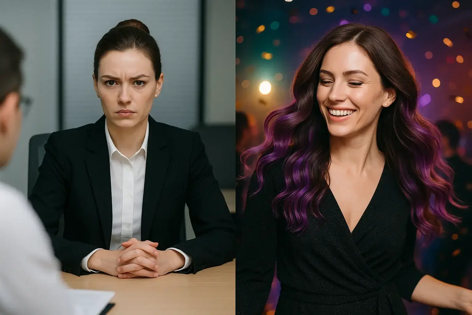 Скрытое окрашивание: строгий офисный образ и яркий вечерний стиль с фиолетовыми прядями