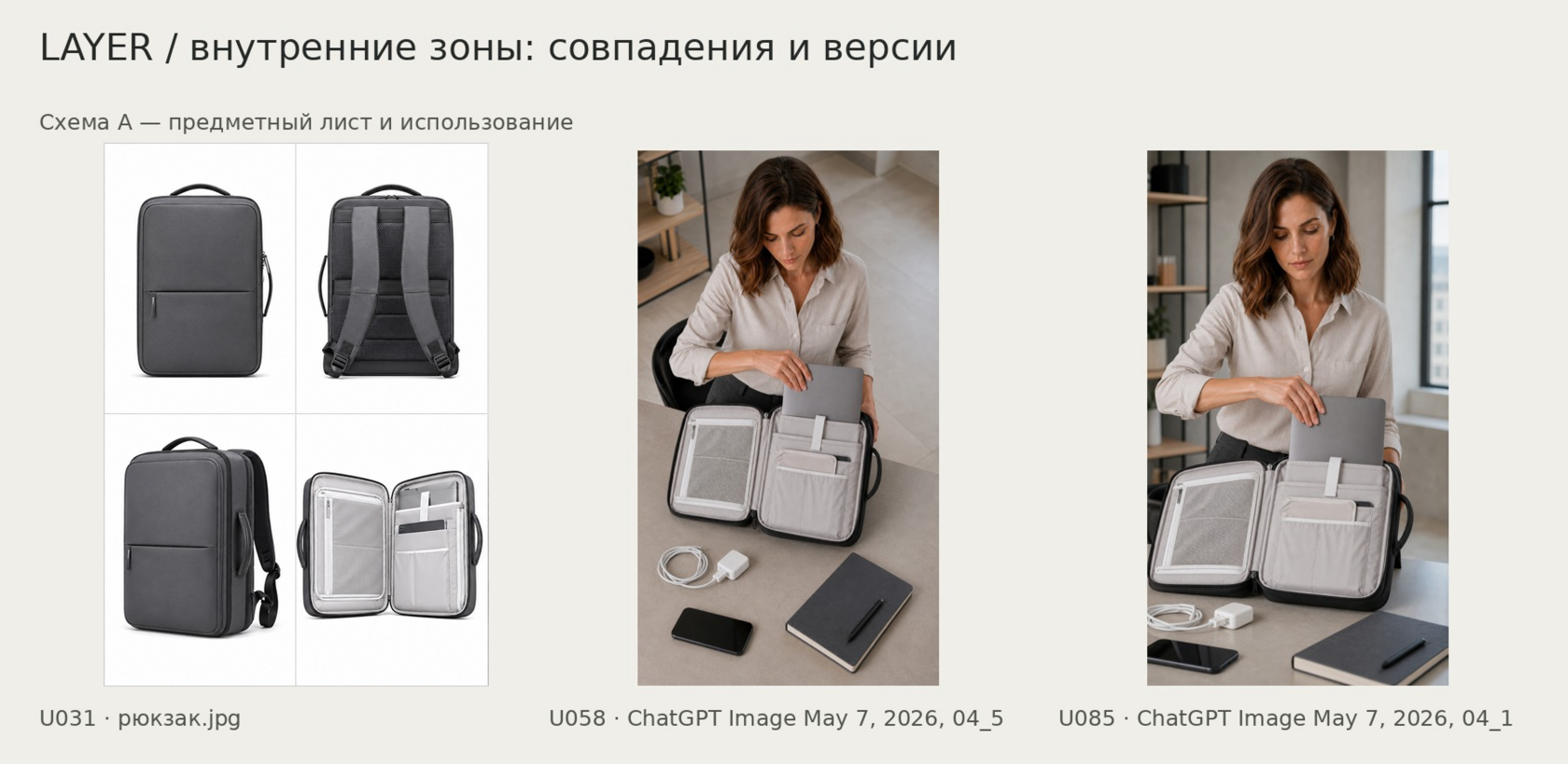 Сопоставление открытых видов LAYER: светлая подкладка, сетчатая часть и рабочая зона