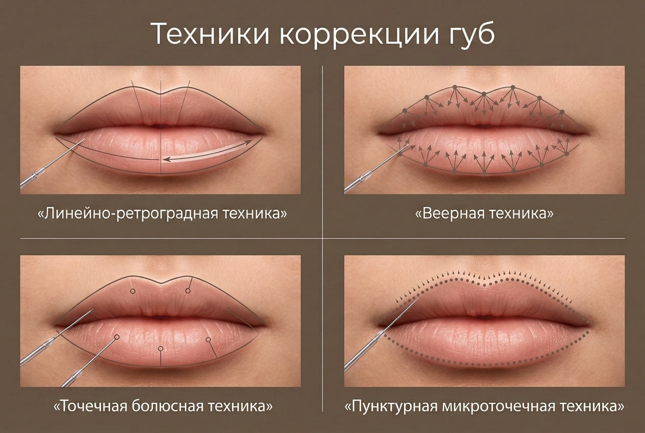 Техники коррекции губ: линейно-ретроградная, веерная, точечная болюсная, пунктурно микроточечная техника