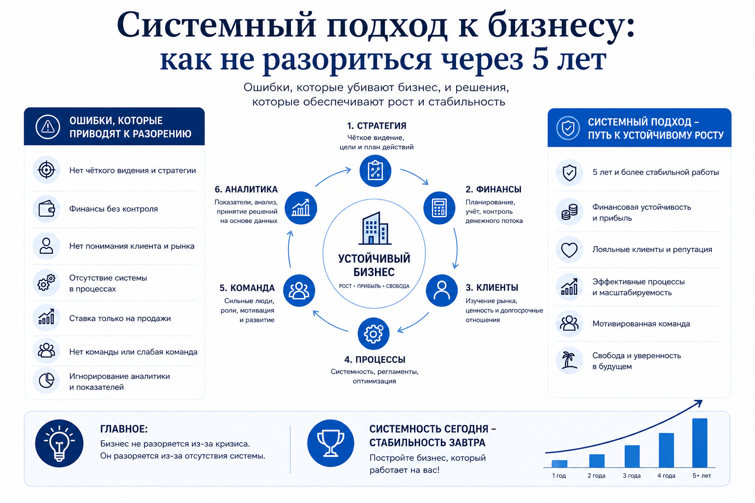Системный подход к бизнесу: как не разориться через 5 лет. Инфографика для малого бизнеса о стратегии, финансах, клиентах, процессах, команде и аналитике как основе устойчивого роста, прибыли и долгосрочного развития компании.