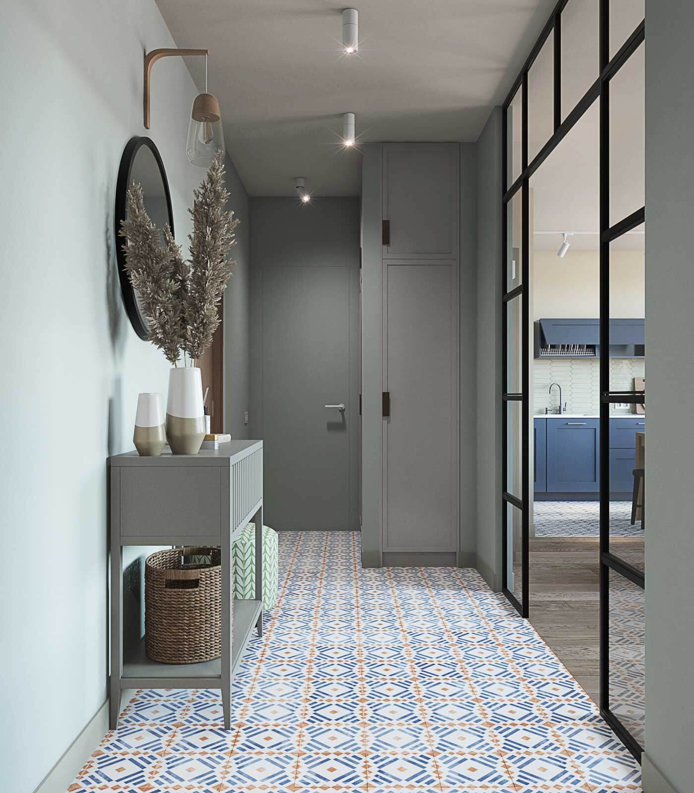 Зеркало, шкаф, светильники в прихожей. Вход в кухню-гостиную