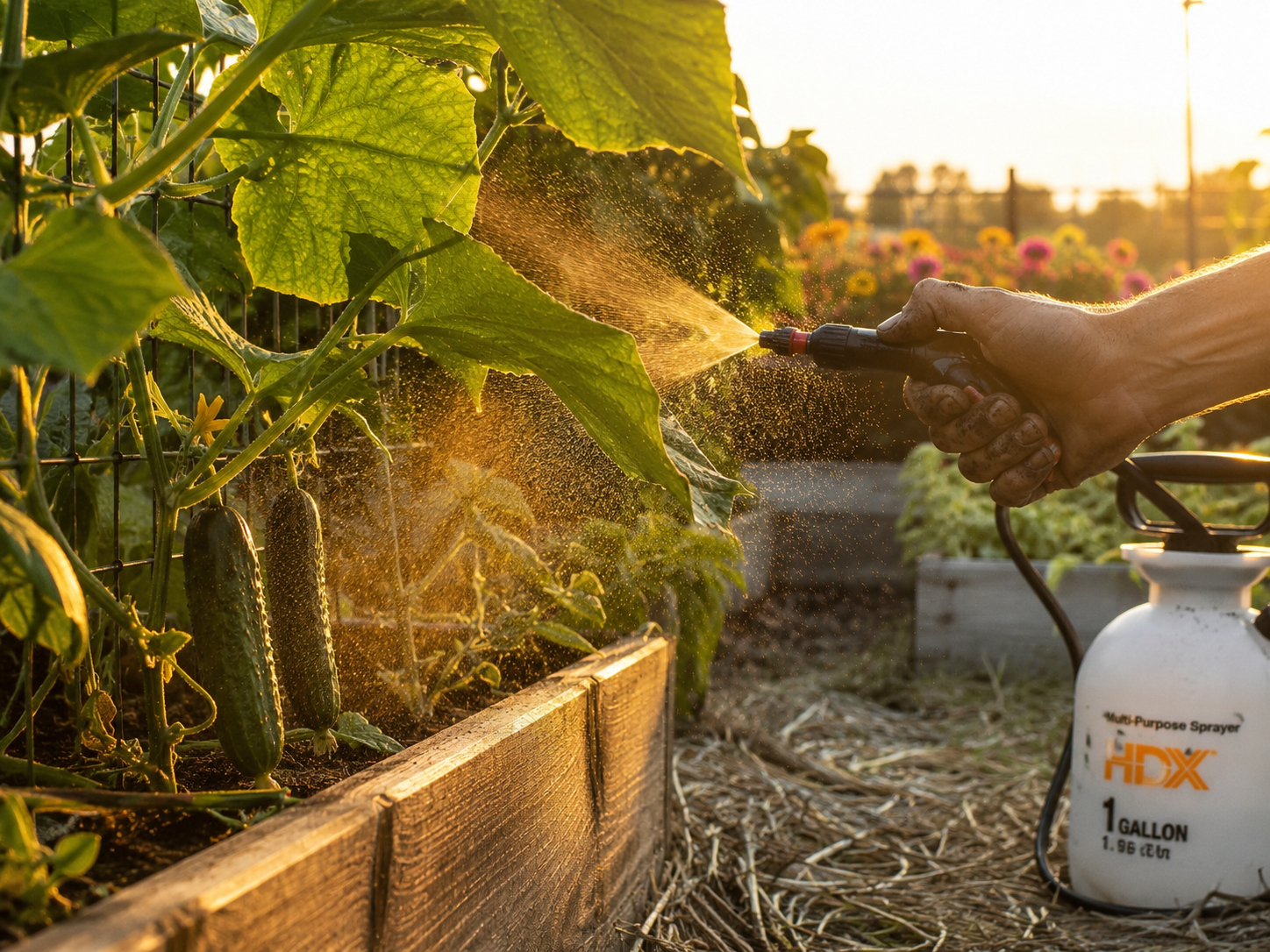 Spraying organic spider mite treatment on the undersides of cucumber leaves with a pump sprayer