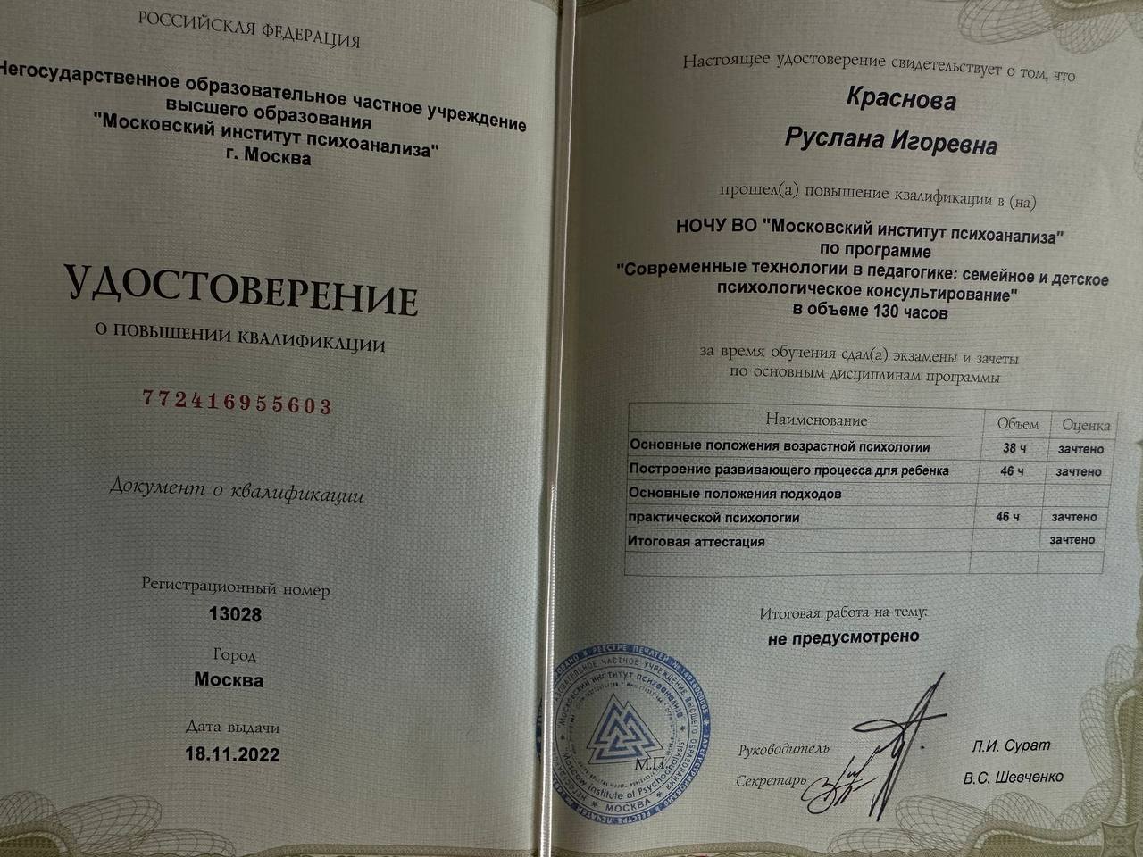 Удостоверение Московского Института Психоанализа