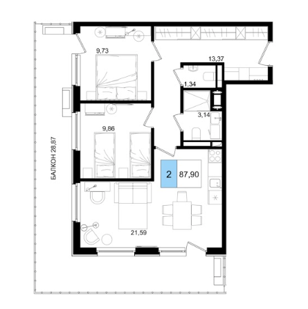 Планировка 2-комнатная 87,90 м²