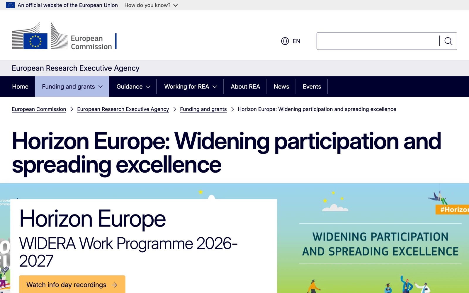 Horizon Europe Widening official page screenshot: REA page on widening participation and spreading excellence