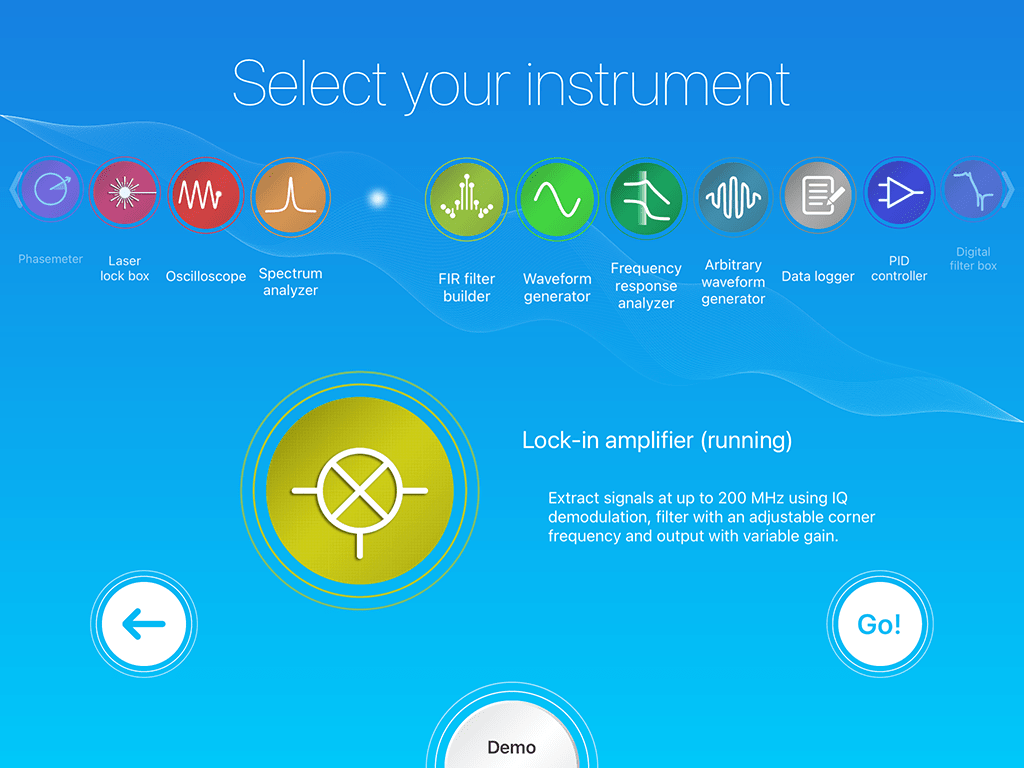 выберите инструмент: осциллограф, генератор, анализатор, фазометр, PID-контроллер, генератор сигналов произвольной формы, синхронный усилитель и др.