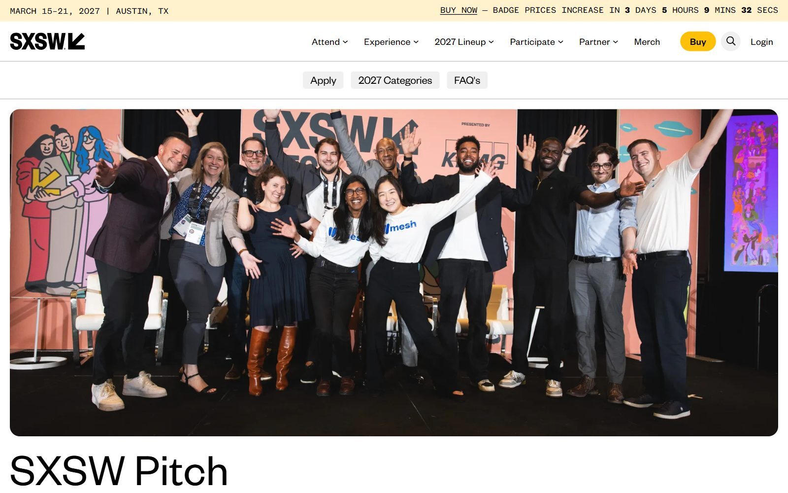 SXSW Pitch page screenshot (October 2026)