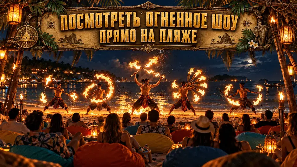 Огненное шоу на пляже Самуи вечером у самого моря