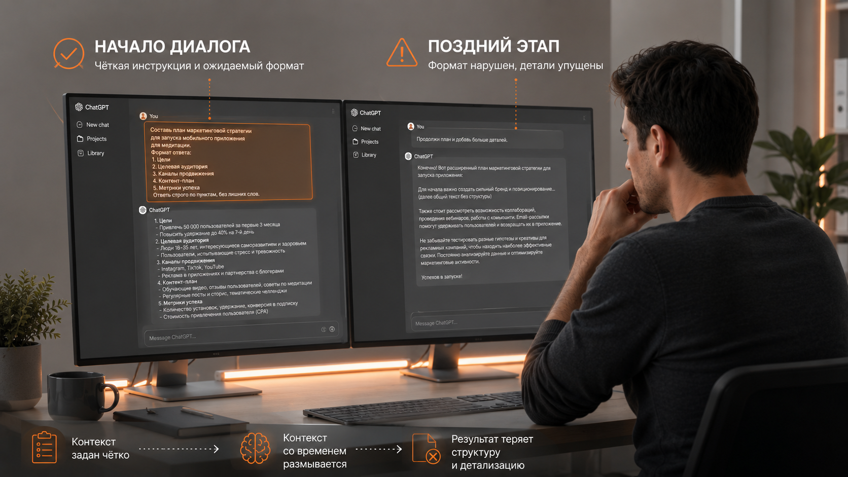Диалог в ChatGPT: начало с чёткой инструкцией и конец с потерей формата ответа, оранжево-бело-серая схема