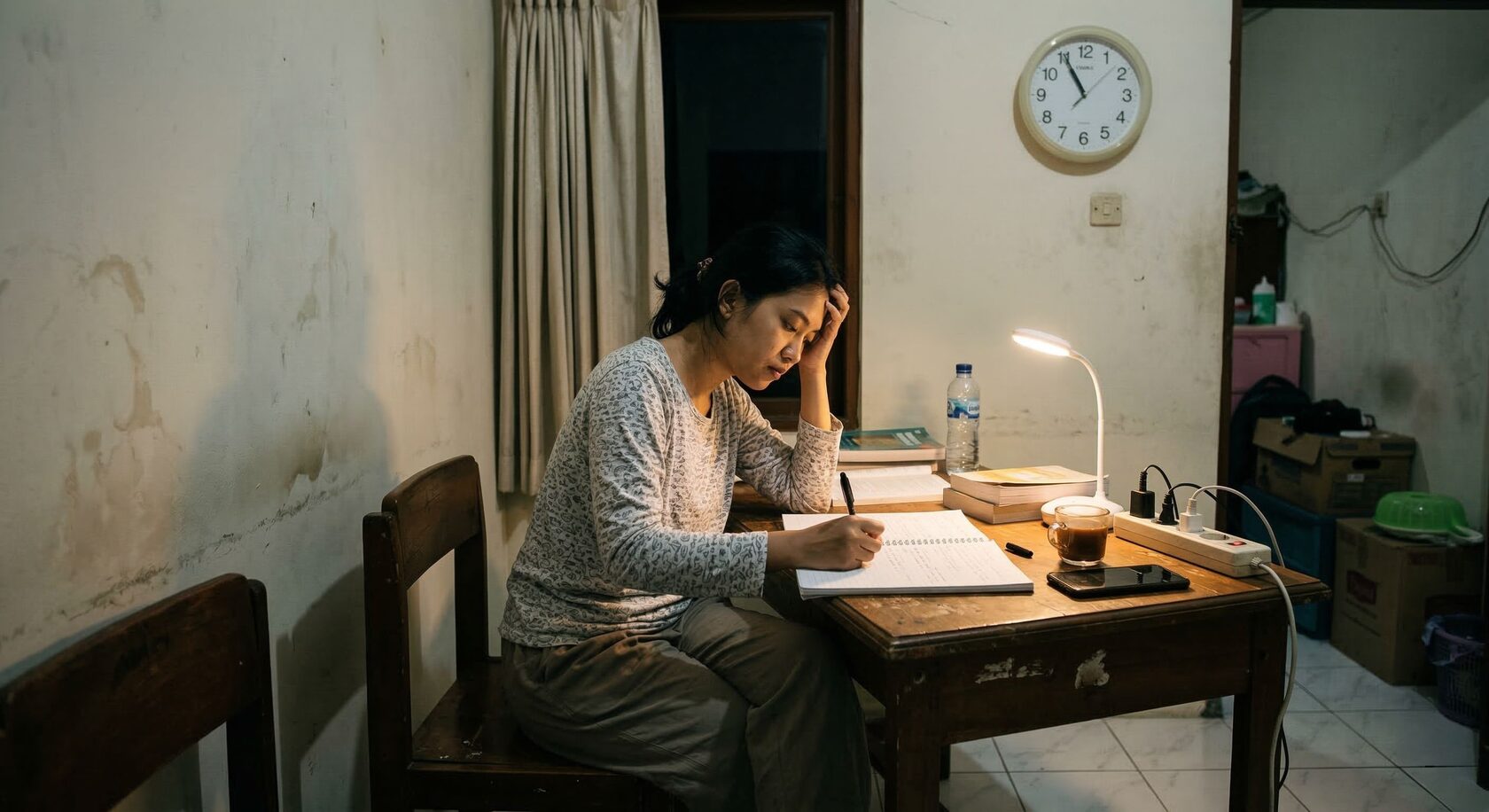 Perempuan sedang mencoba fokus belajar di rumah namun terganggu kebisingan dari sekitar