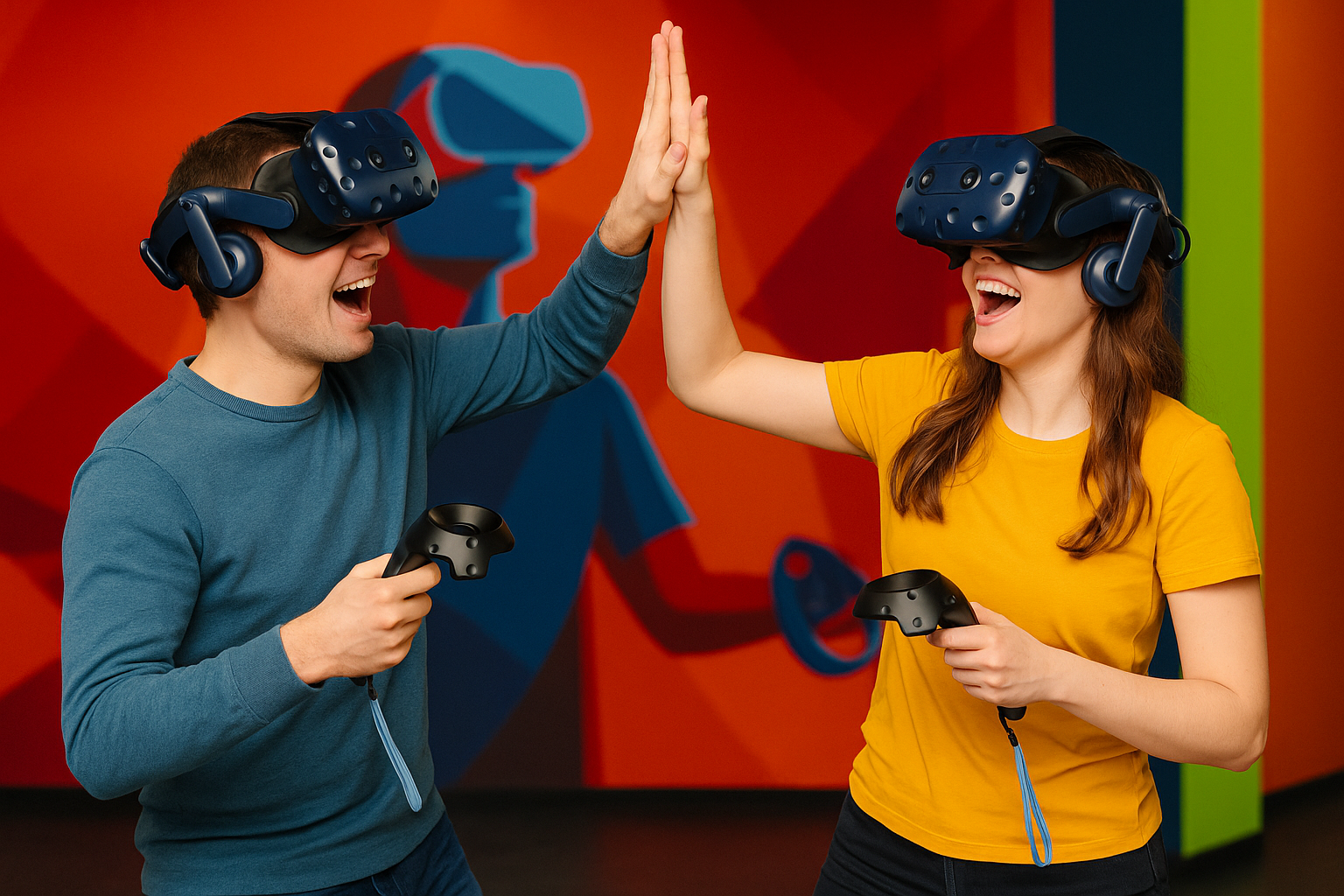 Команда друзей играет в командный VR-шутер в клубе виртуальной реальности&quot;