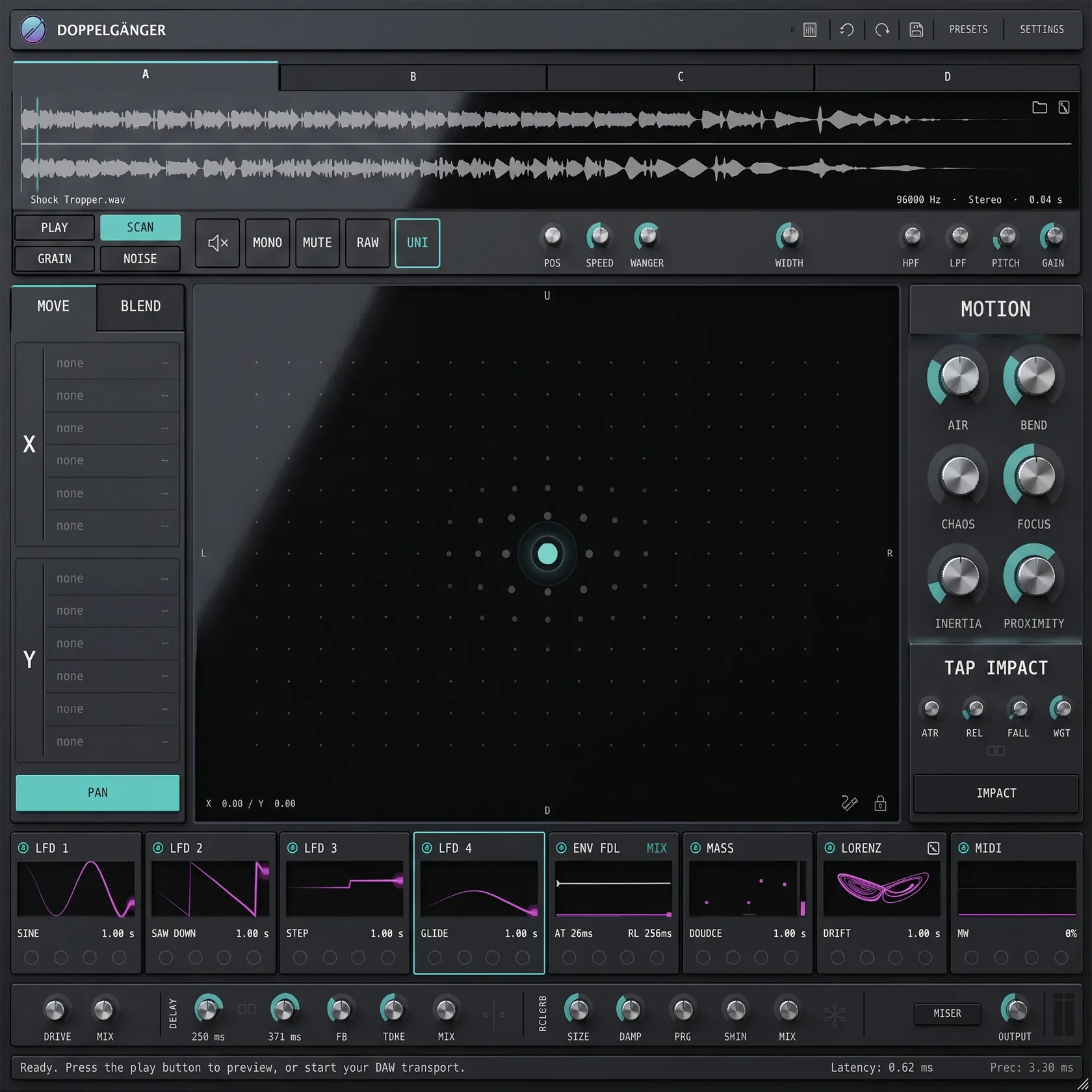 The Doppelganger plug-in interface: XY motion pad, four sample layers, modulator strip and bus effects