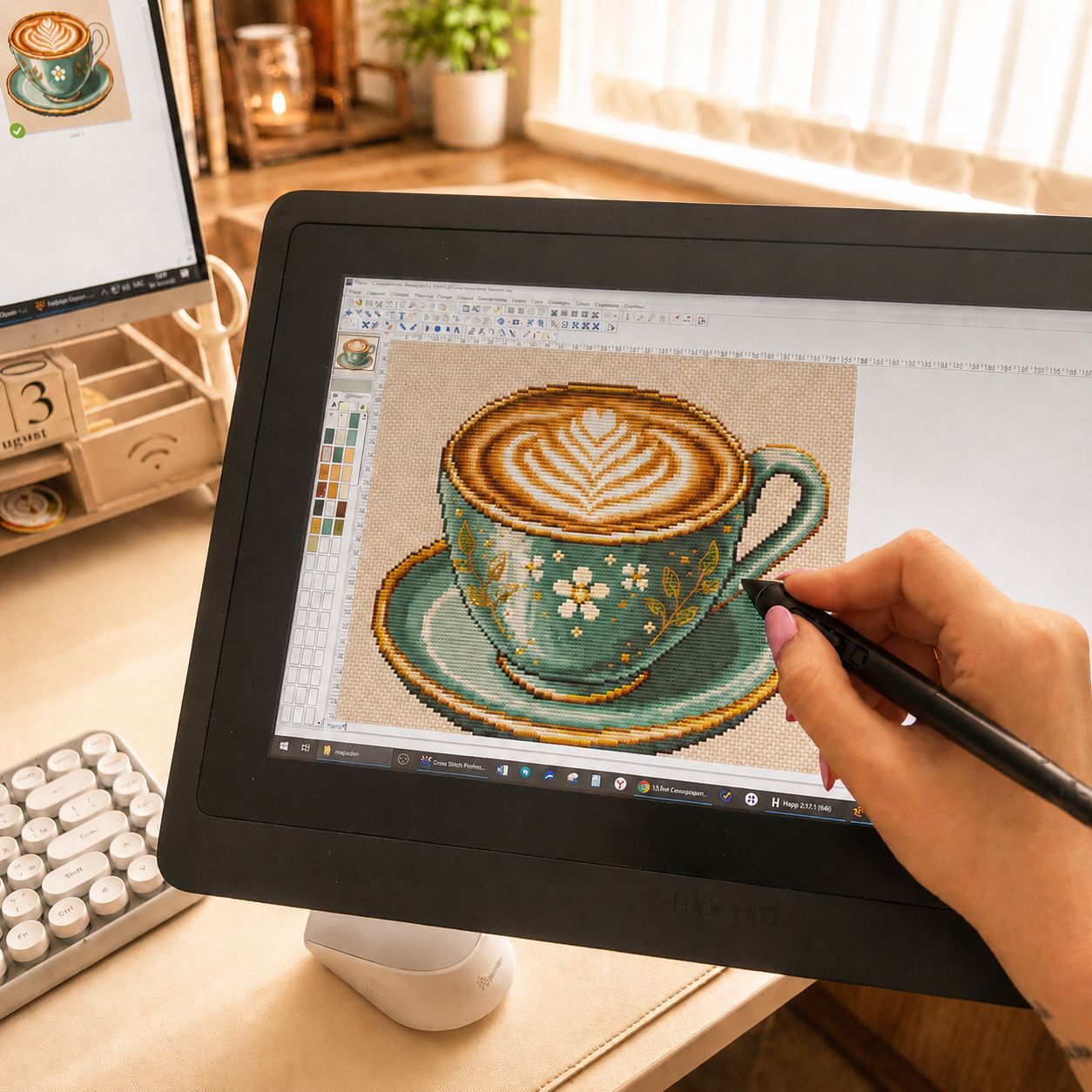 Работа над схемой капучино в программе Cross Stitch Pro для Windows на графическом планшете