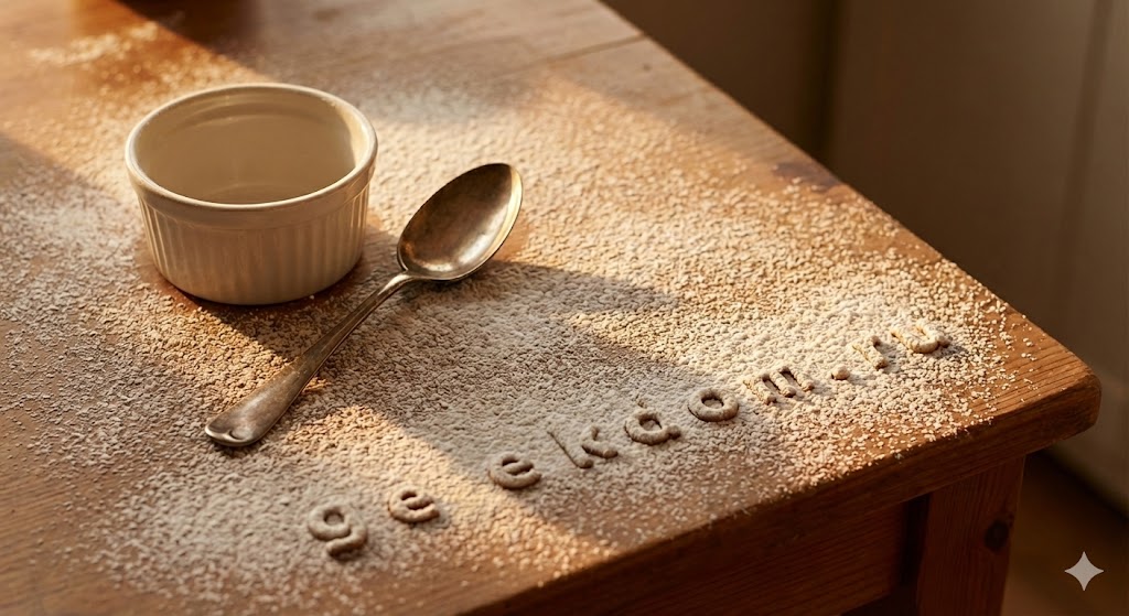 Атмосфера приготовления десерта на кухне сахарная пудра и винтажная ложка.