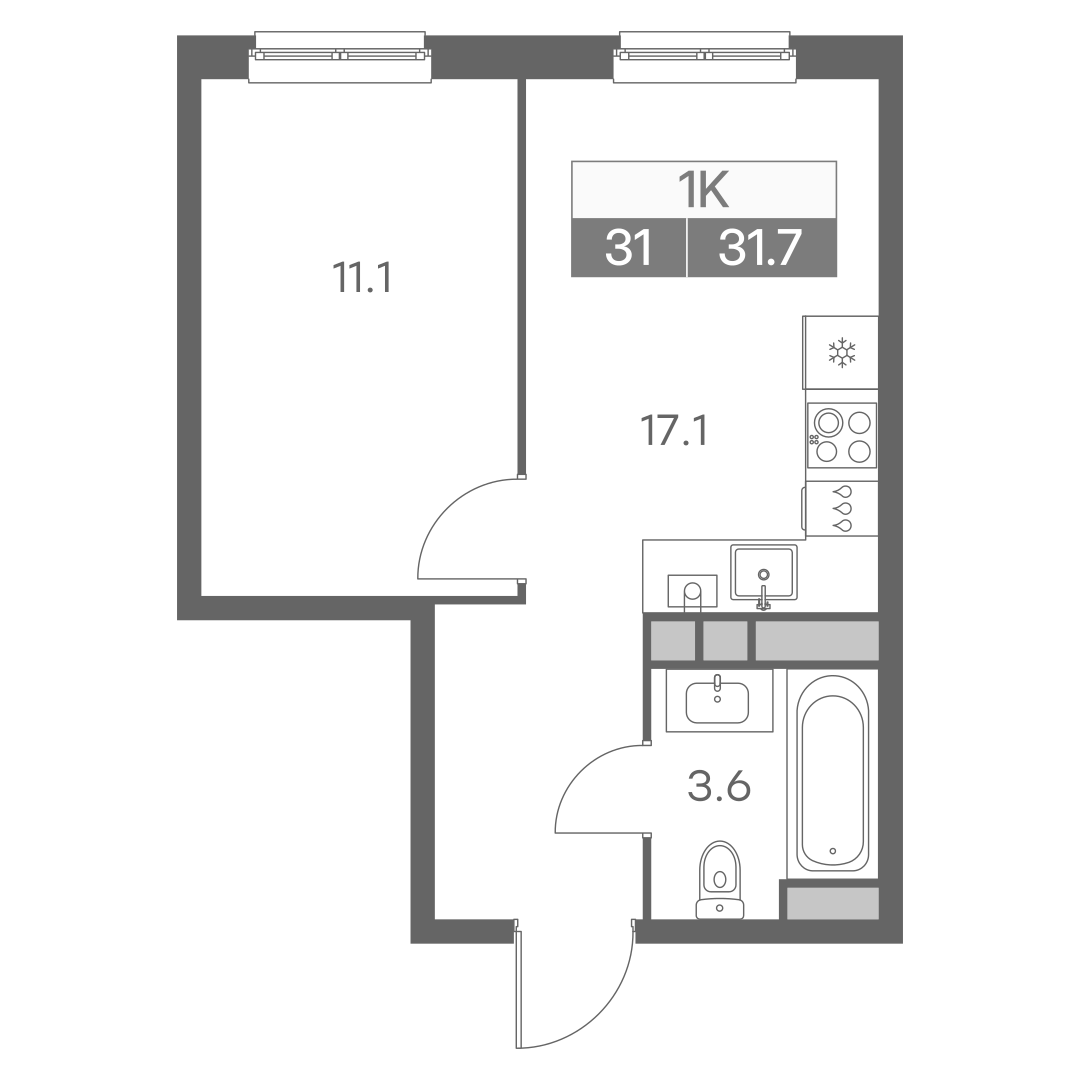 Планировка однокомнатной квартиры 31.70 м² в ЖК Новая Ройка