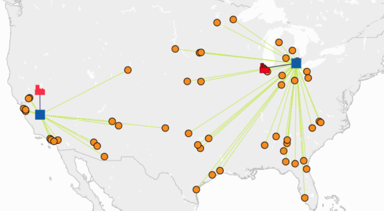 Рисунок 1. Пример визуализационной составляющей сетевой оптимизационной модели