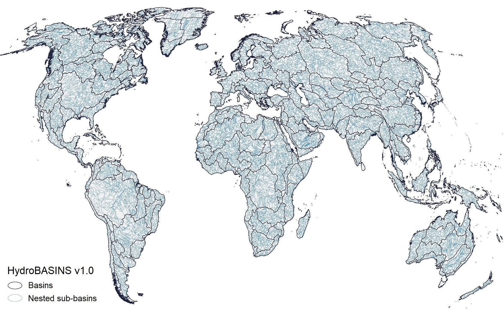 Global map of major river basins (outlined in black) and sub-basins (blue).